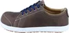 Side view of a brown Birkenstock shoe with blue laces and a white sole. Produktbild-Vorschau