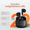 A marketing image for wireless earbuds, highlighting battery life and playing hours. Produktbild-Vorschau
