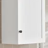 A close-up view of a white cabinet door with a black knob. Voir les images du produit
