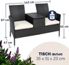 A black rattan garden bench with cream cushions and a central table, with dimensions and weight limit indicated. Purple flowers are in the foreground. Produktbild-Vorschau