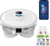 A robotic vacuum cleaner with two bottles of cleaning solution and a smartphone displaying a map. Produktbild-Vorschau