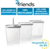 Three clear plastic food storage containers with white lids are displayed against a white background. Text overlays highlight product features and branding. Produktbild-Vorschau