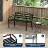 A black metal garden bench is shown on a wooden deck, with a bamboo fence and greenery in the background. Two inset images highlight features of the bench. Produktbild-Vorschau