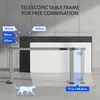 A telescopic table frame with dimensions indicated by text overlays and graphics. A wireframe cat is shown for scale. Produktbild-Vorschau