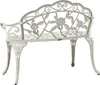 A white metal garden bench with ornate rose and leaf detailing. Náhľad obrázku produktu