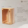 A wooden crate with dimensions indicated, alongside descriptive text about its quality and durability. Produktbild-Vorschau