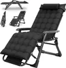 A black reclining lounge chair with a padded cushion and headrest, shown from a slightly elevated angle. Several smaller images of the chair in different folded and unfolded states are visible in the upper left corner. Voir les images du produit
