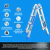 A silver and blue telescopic ladder is shown in an open, angled position against a solid blue background. Text and icons detailing the ladder's features are arranged to the left of the product. Náhľad obrázku produktu