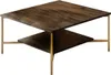 A square coffee table with two tiers, made of dark wood and gold metal legs, shown against a white background. Produktbild-Vorschau