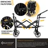 A marketing image showcasing a black foldable wagon with close-up insets highlighting its features like the folding system and suspension. Produktbild-Vorschau