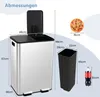 A diagram showing the dimensions of a dual-compartment trash can, along with reference items like a pizza and a soda bottle for scale. Podgląd zdjęcia produktu