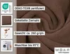 A close-up of a brown fabric with text overlays describing its features and certifications. Produktbild-Vorschau