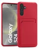A red phone case with a card slot is shown next to a smartphone.