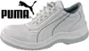 A white Puma safety shoe with the Puma logo and text overlayed on the left. Produktbild-Vorschau
