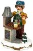 Ein fröhlicher Junge in winterlicher Kleidung steht an einem kleinen Bratwurststand mit einem Tablett voller Würstchen und einem Senfglas während ein kleiner Tannenbaum den verschneiten Boden schmückt Produktbild-Vorschau
