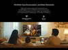 A family is relaxing in a living room, watching TV and using a tablet. The image is overlaid with marketing text and icons. Produktbild-Vorschau