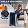 A woman is sitting in an airport lounge, using her phone while a blue suitcase is next to her. Náhľad obrázku produktu