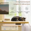 A desk with a cat sleeping on it, and information panels about the desk's features. Voir les images du produit