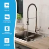 A kitchen sink with a faucet running water, with a blue sidebar featuring marketing icons and text. Produktbild-Vorschau