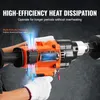 A person wearing white gloves is holding an orange and black power tool, with blue and pink arrows indicating airflow for heat dissipation. Produktbild-Vorschau