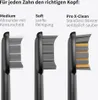 Close-up view of three different toothbrush heads, each with descriptive text above. Produktbild-Vorschau