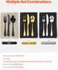 Three different sets of cutlery in black, gold, and stainless steel colors, displayed on dark cloths with a light gray background. Voir les images du produit