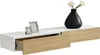 A white and wood-toned floating shelf with an open drawer and a black vase with flowers on top. Náhľad obrázku produktu