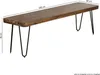 A wooden bench with black metal hairpin legs, shown from a slightly elevated side angle with dimensions indicated. Podgląd zdjęcia produktu
