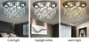 A collage of three images showing a crystal chandelier ceiling light with different light settings: cold light, daylight white, and warm light. Náhled obrázku produktu