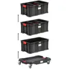 A modular storage system with three black boxes stacked on a black wheeled platform. Náhled obrázku produktu