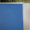A close-up view of the top edge of a blue pool liner and a section of a striped pool wall. Produktbild-Vorschau