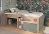 A child's bedroom with a loft bed, desk, and storage units, decorated with a monkey and palm tree wallpaper. Produktbild-Vorschau