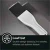 A white ice scraper is shown on a dark gray surface, with a graphic overlay indicating 'Low Frost' technology. Produktbild-Vorschau