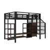 A black metal loft bed with brown shelves and stairs, shown against a white background. Produktbild-Vorschau