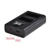 A black dual battery charger with two battery slots and two USB ports on the side. Produktbild-Vorschau