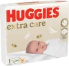 A package of Huggies Extra Care diapers featuring a baby. Podgląd zdjęcia produktu