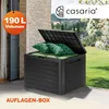 A dark grey storage box with green cushions inside, placed on a patio with a garden in the background. Produktbild-Vorschau