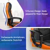 A collage of images showcasing an orange and black gaming chair, highlighting its ergonomic design and armrest stability. The background includes a blurred office environment and abstract purple shapes. Produktbild-Vorschau