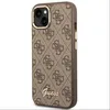 A close-up, angled view of a brown iPhone 14 Plus case with a repeating Guess logo pattern. Podgląd zdjęcia produktu