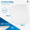 A white cutting board for a kitchen appliance, with dimensions and compatibility information displayed. Produktbild-Vorschau