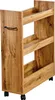 A narrow kitchen shelf with a wood grain finish and black wheels. Podgląd zdjęcia produktu