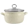 A speckled beige enamel pot with a glass lid and silver handles, isolated on a white background. Produktbild-Vorschau
