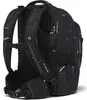 A black backpack with a graphic pattern, shown from the side and back. Voir les images du produit