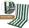 A green and white striped garden chair cushion is shown, with a close-up inset highlighting its attachment mechanism. Produktbild-Vorschau