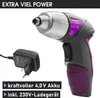 A cordless screwdriver and its charger are displayed against a white background, with promotional text. Produktbild-Vorschau