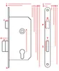 Diagram showing measurements and parts of a lock mechanism. Produktbild-Vorschau