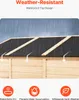 A marketing image showing a shed roof with rain falling, illustrating its waterproof design. Below are icons and text highlighting features. Produktbild-Vorschau