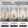 Three table fireplaces are shown with different flame sizes, demonstrating adjustable flame size using included rings. Produktbild-Vorschau