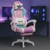 A gaming chair is set up in a room with a computer and monitor. Produktbild-Vorschau