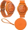 A collage of an orange smartwatch and its circular charging case. Voir les images du produit